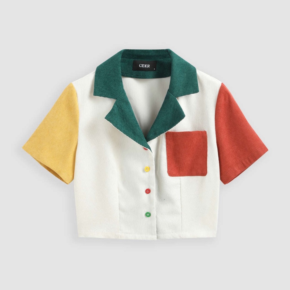 Cider PATCHWORK COLLAR SHORT SLEEVE CROP BLOUSE Colorblock Short Sleeve Top XL
